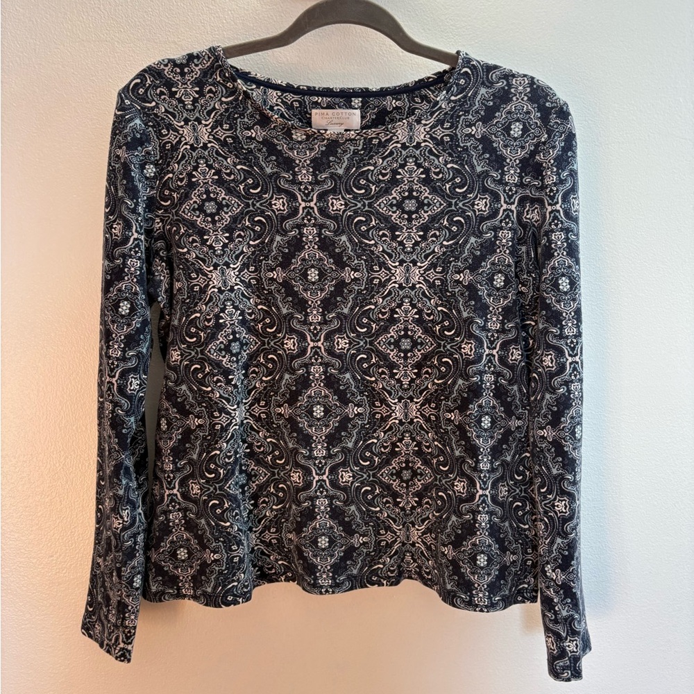Charter Club Blue Boho Pima Cotton Long Sleeve T-Shirt S